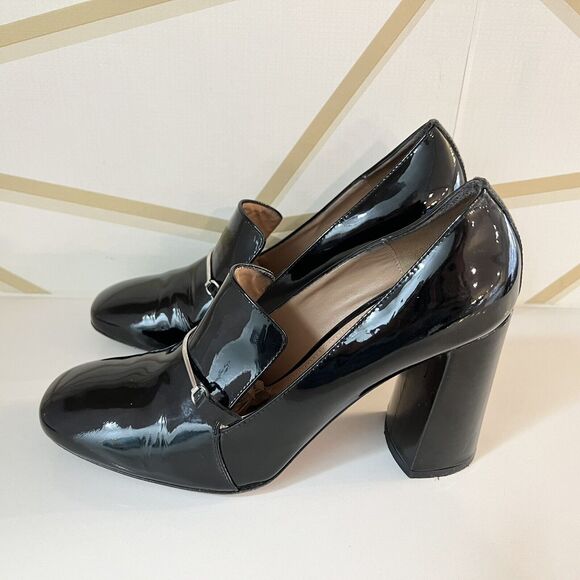 Lewit Amara Black Patent Leather Block Heel Pump Loafers Sz 39.5 US 9.5 - Picture 1 of 10